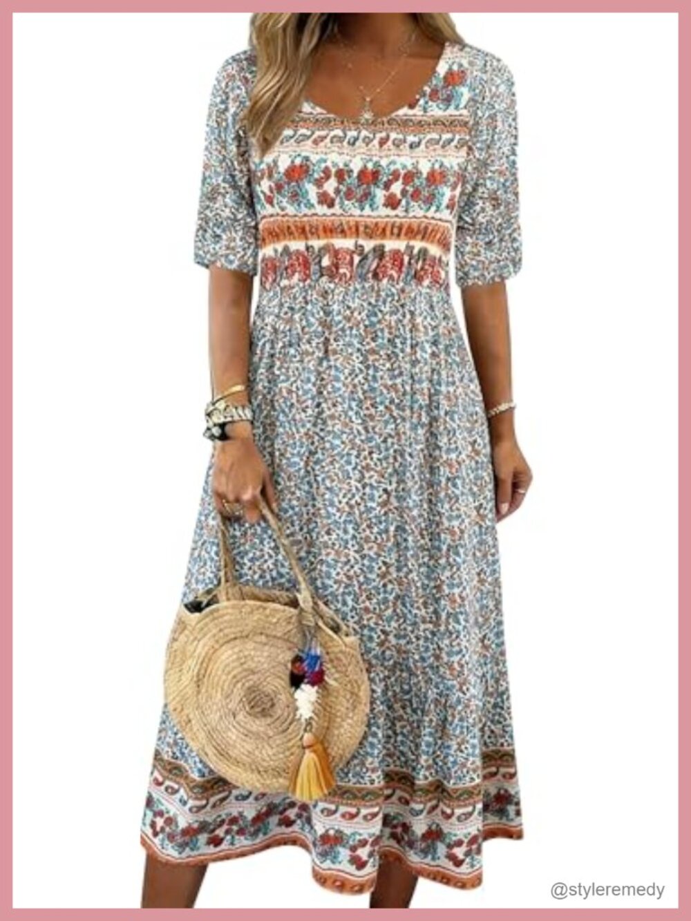 Womens Boho Floral Maxi Dress Short Sleeve Loose Fit Beach Sundress